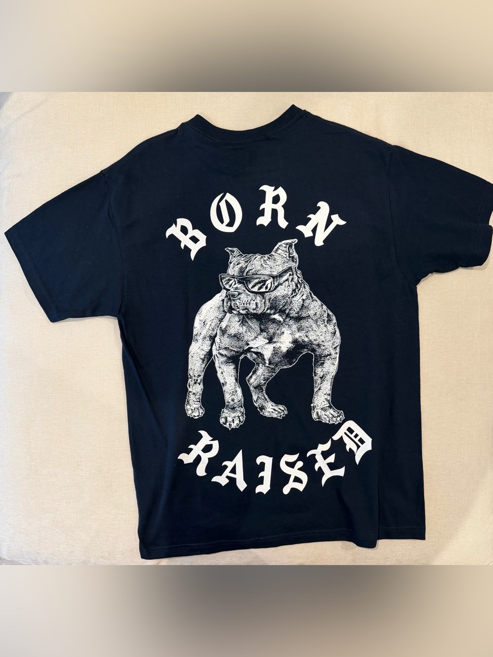 BORN X RAISED Navy Tee with White Bulldog Graphic